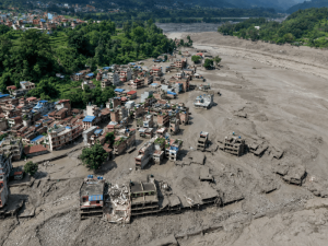 Flood Relief for Rasuwa — flood disaster damage after the Bhotekoshi River flood destroyed homes, roads, and infrastructure near the Nepal–China border